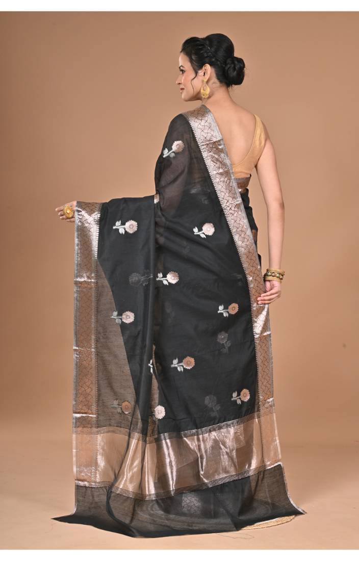 black Chanderi silk blend Saree With Blouse Piece