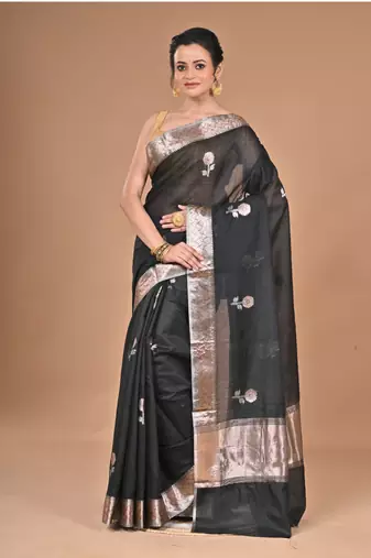 black Chanderi silk blend Saree With Blouse Piece
