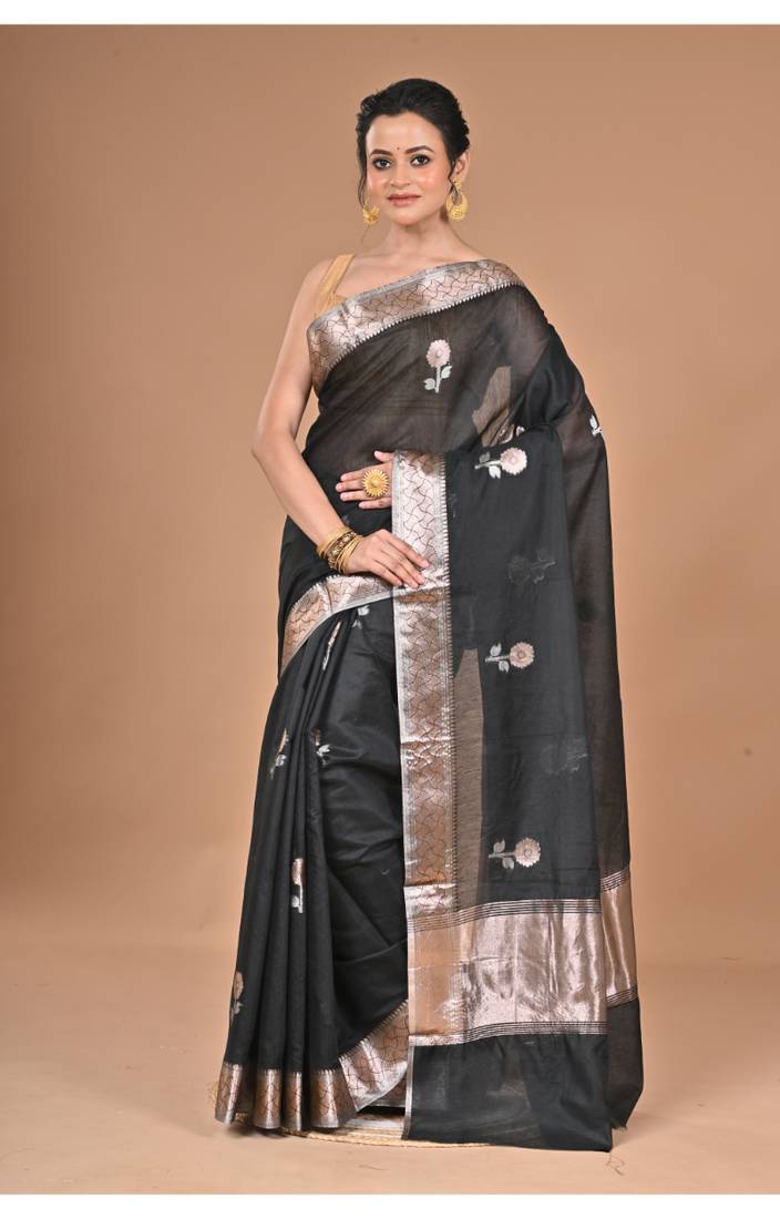 black Chanderi silk blend Saree With Blouse Piece
