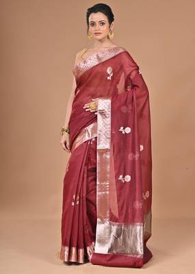 maroon Chanderi silk blend Saree With Blouse Piece 1