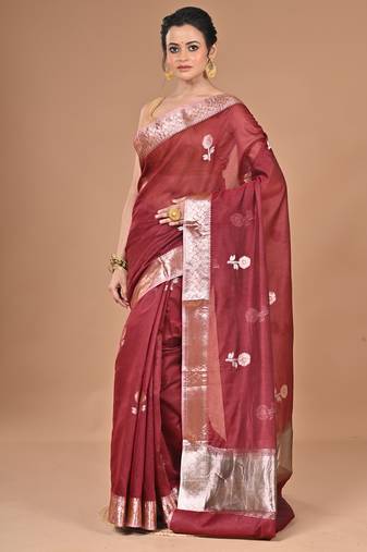 maroon Chanderi silk blend Saree With Blouse Piece