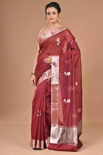 maroon Chanderi silk blend Saree With Blouse Piece