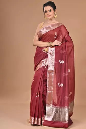 maroon Chanderi silk blend Saree With Blouse Piece