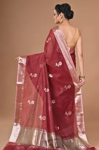 maroon Chanderi silk blend Saree With Blouse Piece