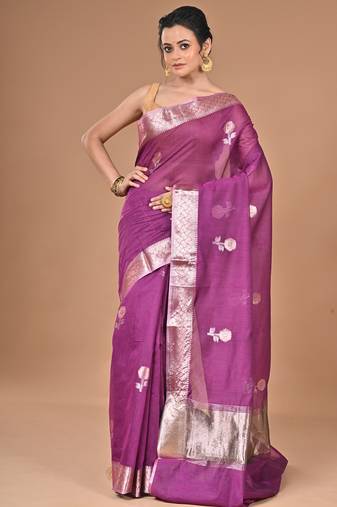 purple Chanderi silk blend Saree With Blouse Piece