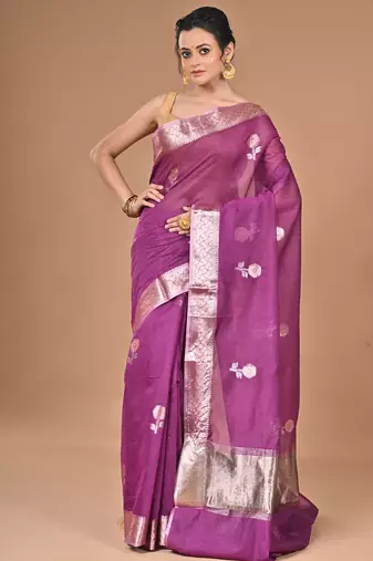 purple Chanderi silk blend Saree With Blouse Piece