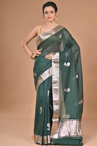 green Chanderi silk blend Saree With Blouse Piece