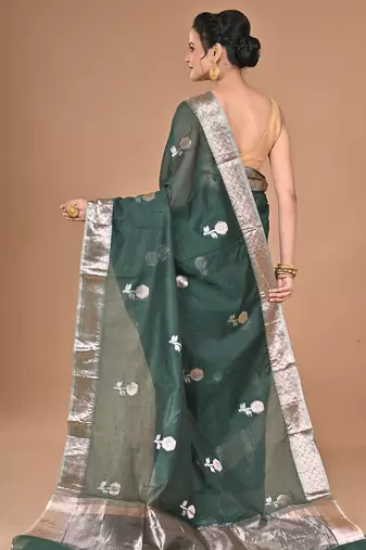 green Chanderi silk blend Saree With Blouse Piece