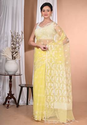 light yellow Jamdani Saree With Blouse Piece 1