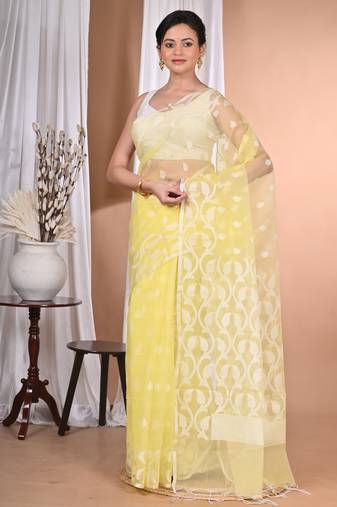 light yellow Jamdani Saree With Blouse Piece