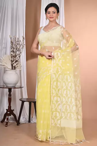 light yellow Jamdani Saree With Blouse Piece