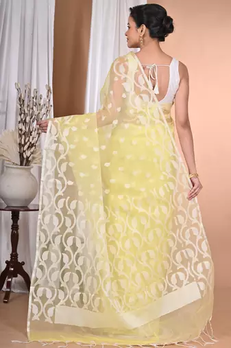 light yellow Jamdani Saree With Blouse Piece