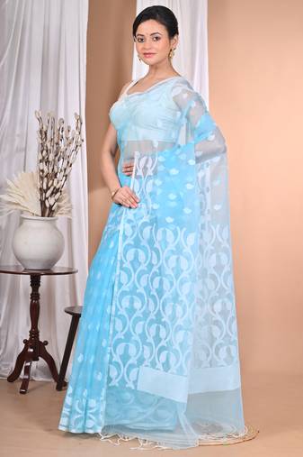 blue Jamdani Saree With Blouse Piece