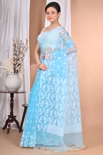 blue Jamdani Saree With Blouse Piece