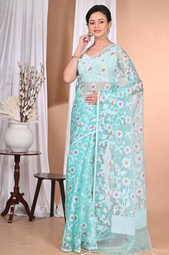 blue Jamdani Saree With Blouse Piece