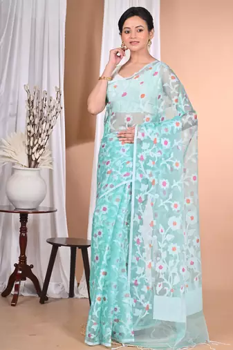 blue Jamdani Saree With Blouse Piece