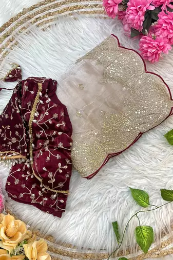 beige chiffon saree with embroidered  stitched blouse