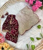 beige chiffon saree with embroidered  stitched blouse