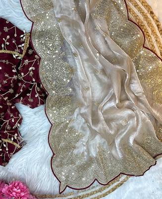 beige chiffon saree with embroidered stitched blouse 2
