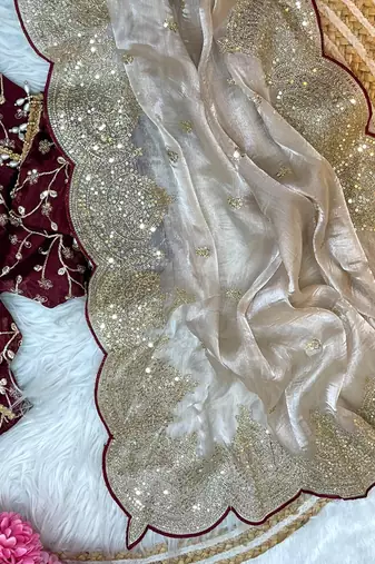 beige chiffon saree with embroidered  stitched blouse