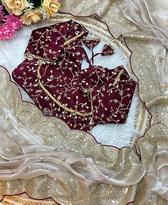 beige chiffon saree with embroidered stitched blouse 3
