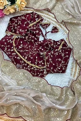 beige chiffon saree with embroidered  stitched blouse