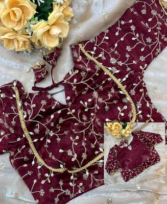 beige chiffon saree with embroidered stitched blouse 4