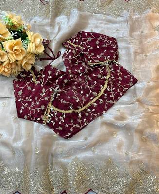 beige chiffon saree with embroidered stitched blouse 5