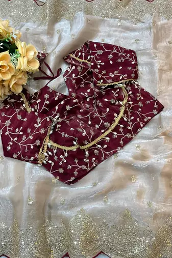beige chiffon saree with embroidered  stitched blouse