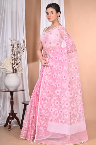 Pink Jamdani Saree With Blouse Piece