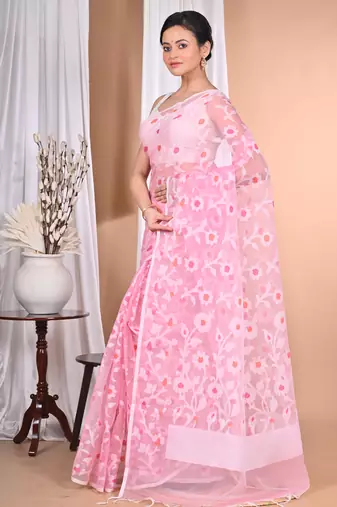 Pink Jamdani Saree With Blouse Piece