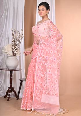 peach Jamdani Saree With Blouse Piece 1