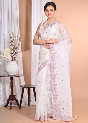 off white Pure Organza Tread Work Saree With Blouse Piece 1