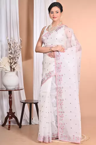 off white Pure Organza Tread Work Saree With Blouse Piece