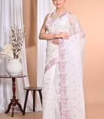 off white Pure Organza Tread Work Saree With Blouse Piece