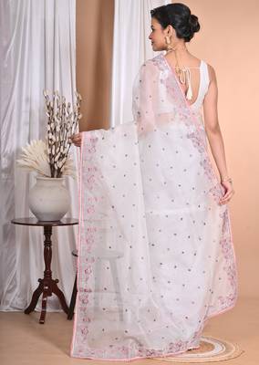 off white Pure Organza Tread Work Saree With Blouse Piece 2