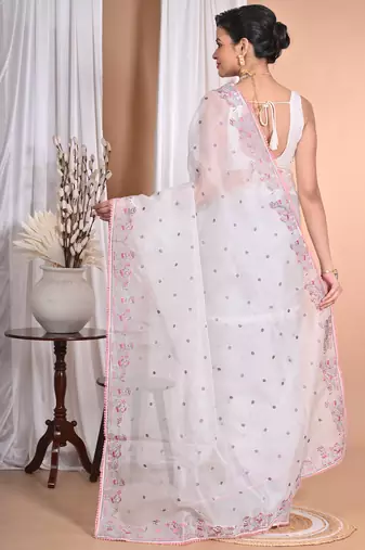 off white Pure Organza Tread Work Saree With Blouse Piece
