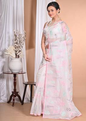off white Pure Organza Tread Work Saree With Blouse Piece 1