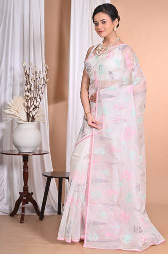 off white Pure Organza Tread Work Saree With Blouse Piece