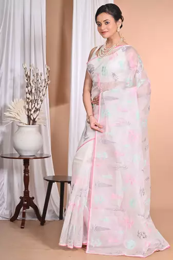 off white Pure Organza Tread Work Saree With Blouse Piece