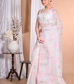 off white Pure Organza Tread Work Saree With Blouse Piece