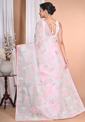 off white Pure Organza Tread Work Saree With Blouse Piece 2