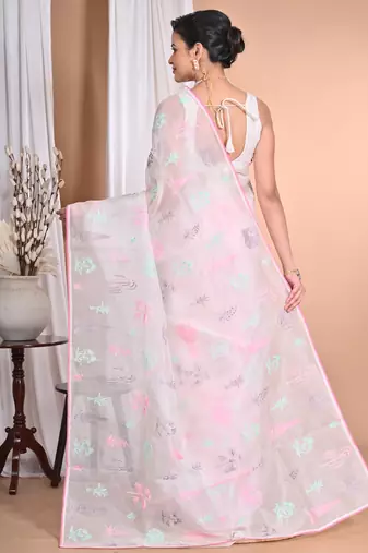 off white Pure Organza Tread Work Saree With Blouse Piece