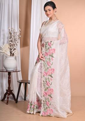 off white Pure Organza Tread Work Saree With Blouse Piece 1