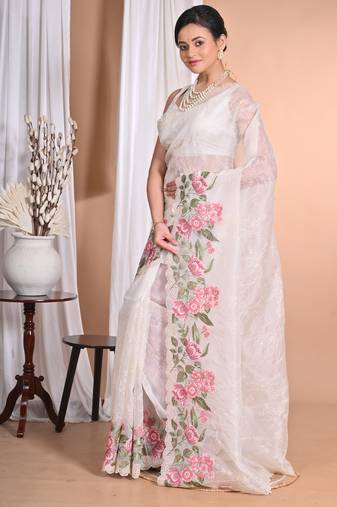 off white Pure Organza Tread Work Saree With Blouse Piece