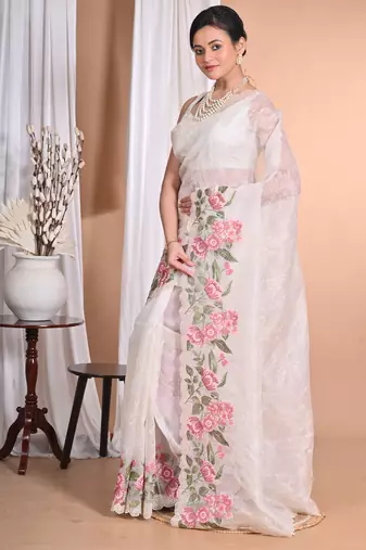off white Pure Organza Tread Work Saree With Blouse Piece