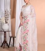 off white Pure Organza Tread Work Saree With Blouse Piece