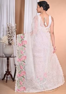 off white Pure Organza Tread Work Saree With Blouse Piece 2
