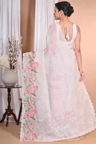 off white Pure Organza Tread Work Saree With Blouse Piece
