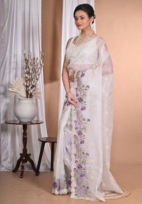 off white Pure Organza Tread Work Saree With Blouse Piece 1